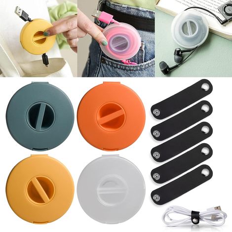 Enrouleur de câble avec support pour téléphone portable, enrouleur de câble ABS, serre-câbles pour écouteurs, 4 pièces pour ranger les câbles USB, 5 serre-câbles réutilisables, câbles d'écouteurs (1/5)