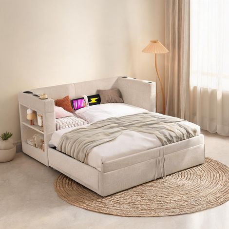 Cadre de lit beige en coton lin 217 x 98 x 74 cm (1/5)