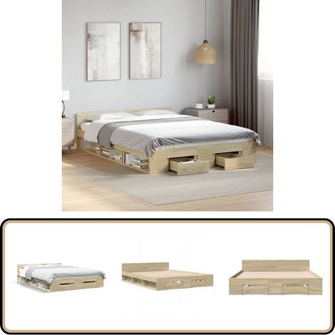 Cadre de lit avec tiroirs sans matelas chêne sonoma 120x190 cm - Cadre De Lit - Lit Double - Lit Avec Tiroirs - Meuble De Chambre - Rangement Sous Lit