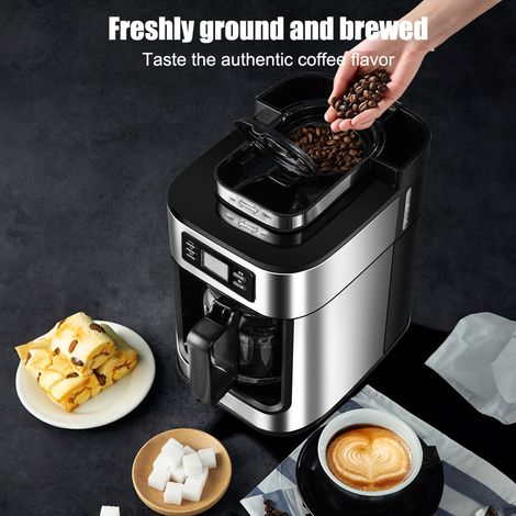 Cafetière programmable avec minuterie 1050 watts 1 L grande capacité 2 à 8 tasses goutte à goutte garder au chaud moudre et infuser machine automatique broyeur de bavures intégré (1/5)