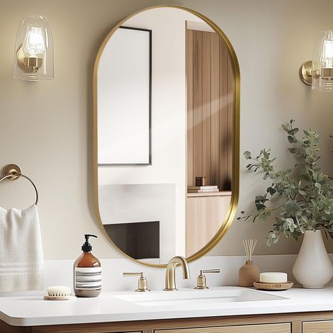 Miroirs Muraux Ovale 60 x 90 cm Or Boîte d'ombre Cadre en Aluminium Miroir de Salle de Bain, Horizontal/Vertical Mural Suspendu pour Chambre à Coucher, Salon, Couloir, Wall Mirror (1/5)