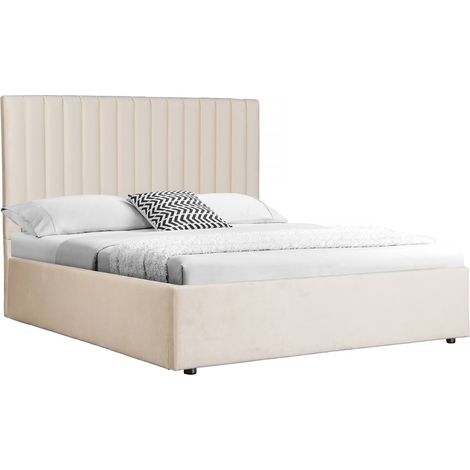 Habitat Et Jardin – Lit avec coffre 160 x 200 cm – Beige – Tête de lit rembourrée – Coffre de rangement intégré – Structure en bois