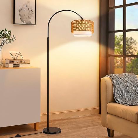 GBLY Bogenlampe Rattan Stehlampe Wohnzimmer Boho Vintage Dimmbar Fernbedienung E27 LED 9W 165-180cm Höhenverstellbar Schwarz Schwenkbar Leselampe Schlafzimmer (1/5)