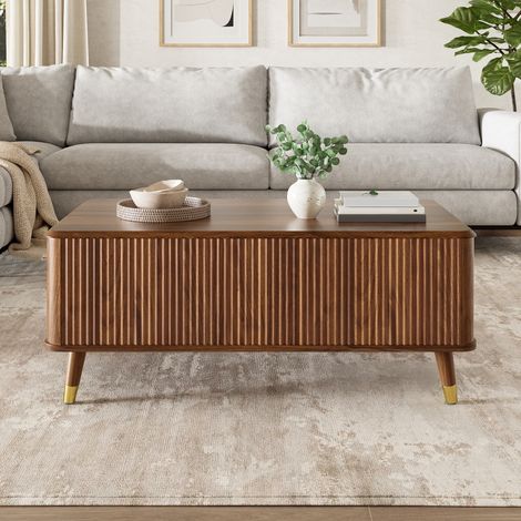 Table basse Modern Retro plateau réglable hauteur, structure ondulée effet noyer pieds bois, grand rangement salon multifonctionnel (1/5)