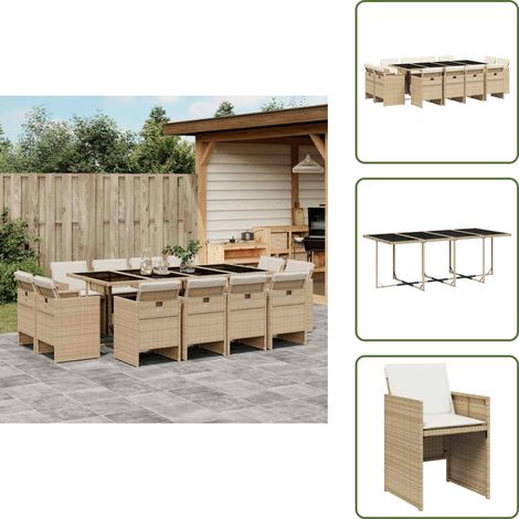 The Living Store 13-tlg. Garten-Essgruppe mit Kissen Beige Poly Rattan - Gartengeset - Gartenmöbelset - Outdoor Möbel - Esstisch - Gartenstühle (1/5)