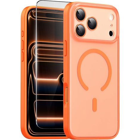 Funda para iPhone 17 Pro, compatible con MagSafe, acabado mate con protección para la cámara, color naranja + cristal. (1/5)