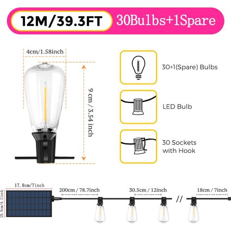 Guirlande lumineuse solaire étanche d'extérieur (12 m, 30 ampoules), avec télécommande, ampoules incassables ST38 (1/5)