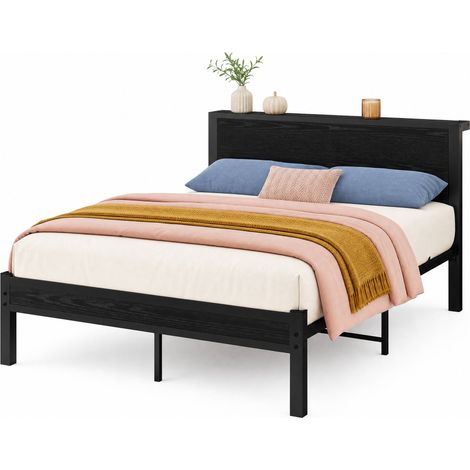 Cama plataforma 140 x 200 cm de metal y MDF negro con cabecero y almacenaje (1/5)
