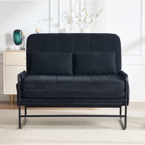 Divano letto biposto convertibile in ciniglia nera con struttura metallica e tasche laterali OKWISH (1/5)