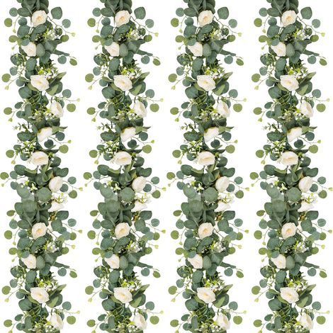 4 Pack Artificial Eucalyptus Flower Garland with White Roses, Fake Rose Flower Greenery Garland Floral Vines for Wedding Home Party Table Runner Decor (4PCS, White) (1/4)