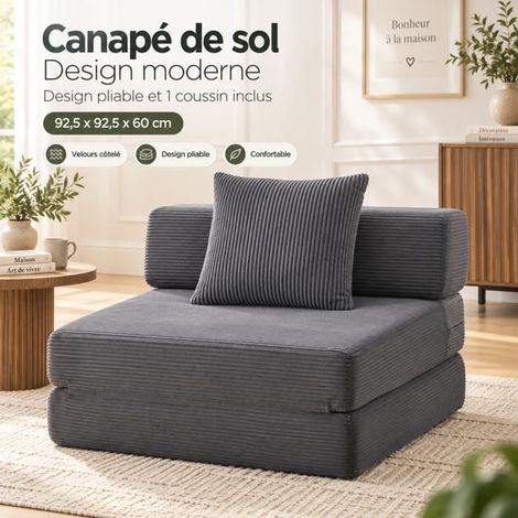 Canapé Convertible 92x92x60cm 1 Place Velours - Canapé-Lit - Gris Foncé, Pliable, Mousse Premium, Gain de Place, Sans Montage (1/5)