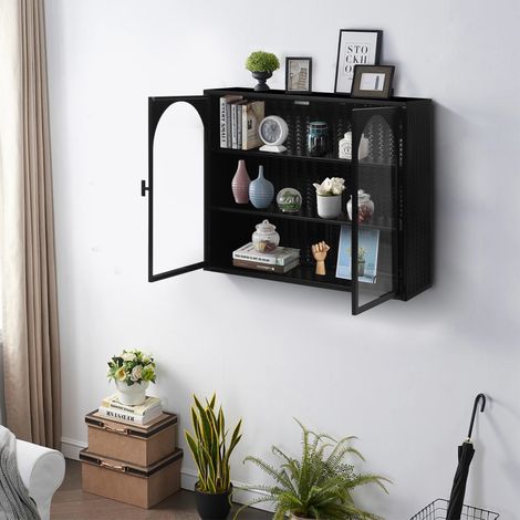 Armario mural 60x70x23 cm negro de metal y vidrio templado con 2 puertas y 3 niveles (1/5)