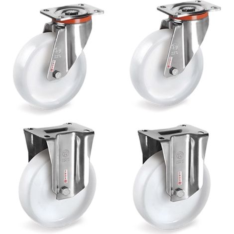 Lot de 4 roulettes INOX pivotantes et fixes plastique blanc 80 mm - 450 Kg (1/3)