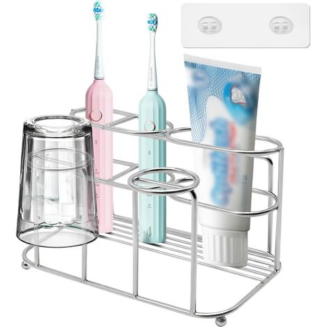 Soporte de acero plateado para cepillos de dientes, para montaje en pared, no requiere perforación, con soporte para pasta de dientes y vaso, ideal para el almacenamiento en el baño. (1/5)