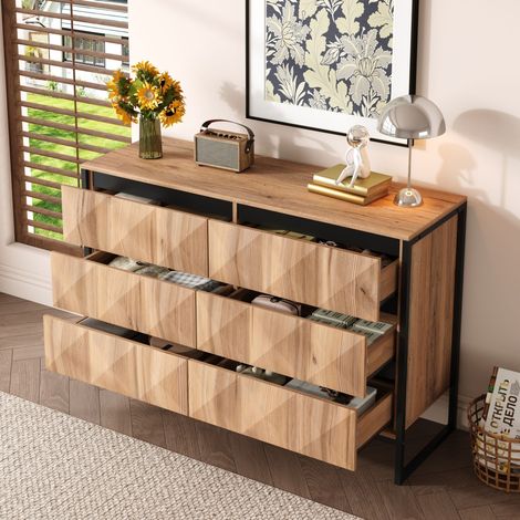 Sideboard 120/40/80 cm nero e legno naturale con 6 cassetti e struttura in metallo (1/5)