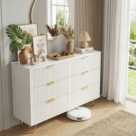 Cassettiera camera letto 100 cm, cassettiera bianca, 6 cassetti, mobile contenitore con frontali testurizzati e piedini dorati, ingresso e soggiorno, stile moderno(100x34x73cm, Bianco) (1/5)