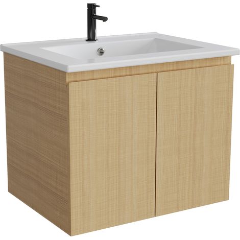 Meuble de salle de bains mural moderne avec lavabo en céramique intégré de 60 cm – Deux portes à fermeture amortie – Espace de rangement en MDF écologique – Meuble suspendu pour petites salles de bain (1/5)