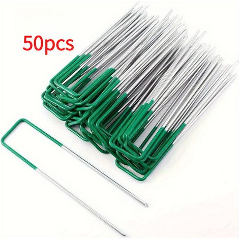 50 piquets en forme de U pour gazon artificiel, piquets de désherbage, pour fixer les pelouses extérieures et les tissus de jardin. (1/5)
