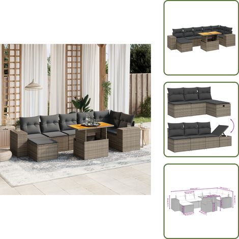 The Living Store 8-tlg. Garten-Sofagarnitur mit Kissen Grau Poly Rattan - Gartenmöbel Set - PE-Rattan Möbel - Outdoor Lounge - Garten Sofa - Wetterfest (1/5)