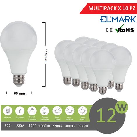 Promopack  x 10 pz lampadina led globo A60 E27 12w attacco grande sfera basso consumo luce fredda naturale calda  Naturale 4000k