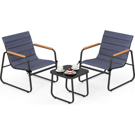 COSTWAY Set Bistro da Patio a 3 Pezzi, Set da Conversazione da Esterno con Cuscini e Tavolino da Caffè in Vetro Temperato, Mobili da Esterno con Sedie per Balcone, Prato, Giardino e Cortile