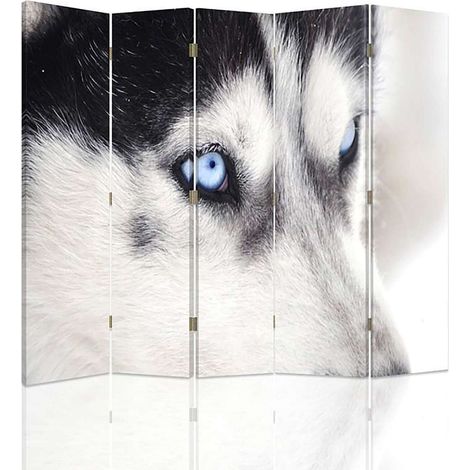 Paravent Husky 2 Design Original à 5 Panneaux Décoratif - 180 x 180 cm - 1 face déco, 1 face noir