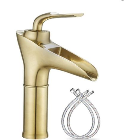 Waterfall tap for washbasin, brushed gold finish, brass, hot and cold water tap, waterfall spout, single-hole mixer. (1/5)