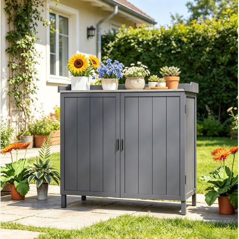 Armadio da giardino 98x48x95,5 cm in legno e metallo grigio – MEUBLIV (1/5)