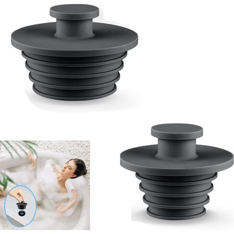 Juego de 2 tapones para bañera, lavabo, ducha, tuberías, etc, Sin BPA, Material de silicona, lavabos, etc, Uno grande y uno pequeño, Negro (1/5)