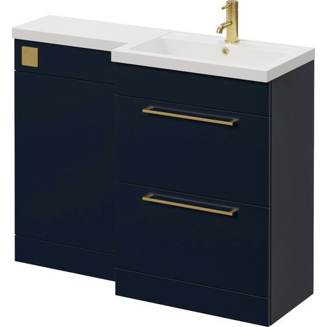 Napoli 390 Deep Blue 1100mm 2 Drawer Vanity Unit Toilet Suite with Square Right Hand Lucia Basin - 1100mm - Brushed Brass 320mm HandleWithout Kingston Toilet Pan