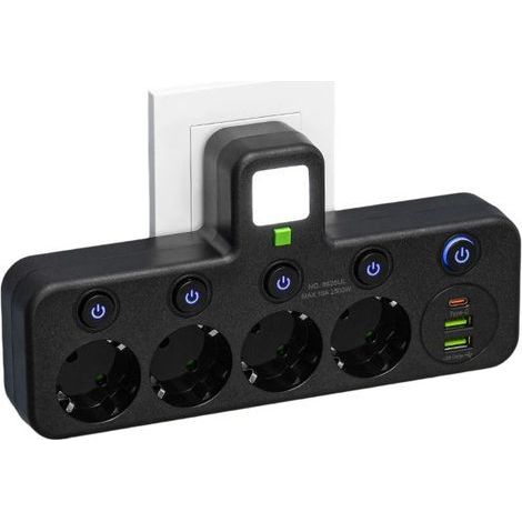 Multiprise Murale avec 4 Prises EU, 2 Ports USB, 1 Port Type C, Interrupteurs Individuels (4 Prises Noir) (1/5)