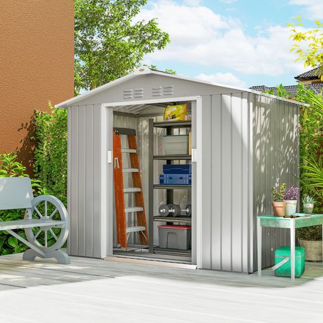 Abri de jardin 213x130x185 cm gris avec portes coulissantes et puits de lumière pour le rangement des outils, argenté