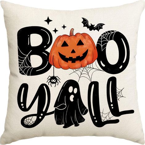 Lot de 2 housses de coussin décoratives d'Halloween, imprimé fantôme, citrouille, chauve-souris et toile d'araignée, taies d'oreiller en lin noir, décoration effrayante pour canapé. (1/5)