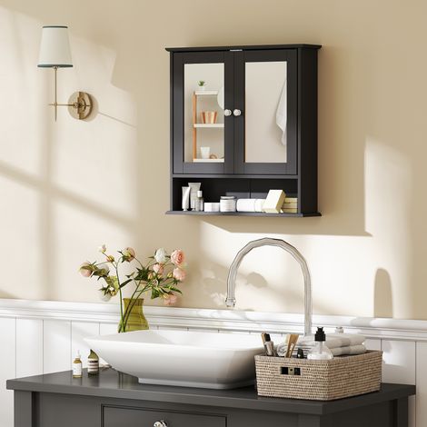 Noir 56x13x58cm - Armoire de salle de bain doté de meuble mural miroir avec 2 portes étagère ouverte Étagère réglable