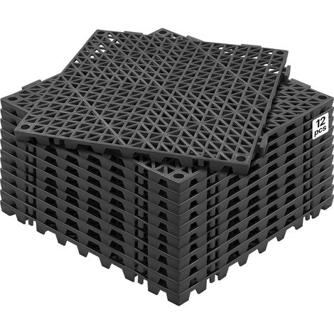 Lot de 12 Dalles de Jardin Piscine 30x30x1,5 cm Noir Dalle Clipsable Ajourée Antidérapante en PVC Drainage Rapide Revêtements de Sol Extérieur Intérieur pour Terrasse Cuisine Spa Salle de Bain (1/5)