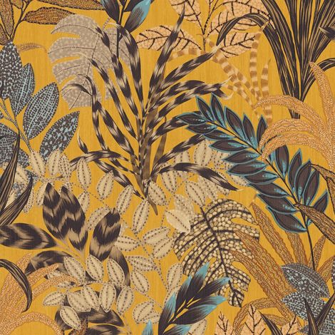 Papier peint floral Profhome 378601 papier peint intissé légèrement texturé avec un dessin exotique mat jaune brun bleu beige 5,33 m2