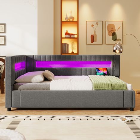 (=WX001039AAE) Lit de jour, canapé-lit, 90200cm, bande lumineuse LED au bout du lit, rangement hydraulique, sans matelas, USB + TYPE-C, lin, gris (1/5)