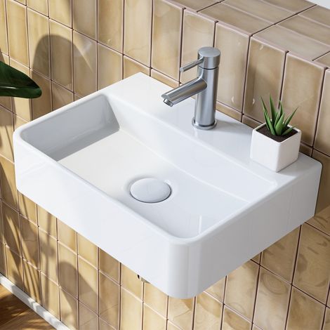 HOROW Lavabo sospeso da bagno in ceramica, 38 x 26 x 9 cm, bianco, rettangolare, da parete o da appoggio, bordo sottile, ripiano portaoggetti (1/5)