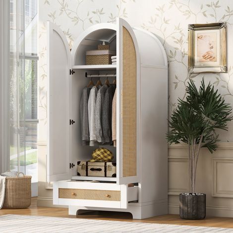Armoire Penderie 2 Portes avec 2 Tiroirs Meuble de Rangement Chambre Dressing 70 x 55 x 170 cm Blanc et Aspect Rotin (1/5)