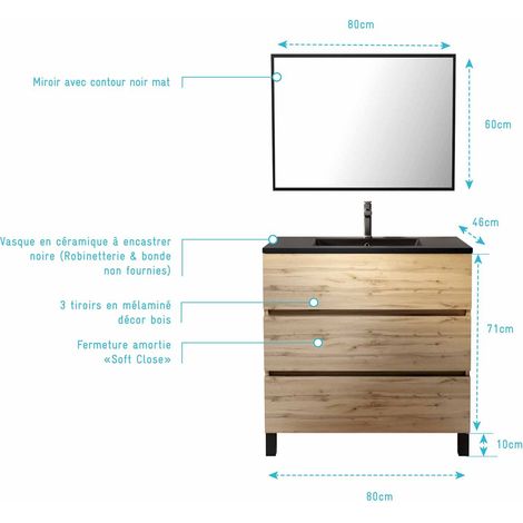 meuble salle de bains 80cm décor chene naturel 3 tiroirs - vasque noire et miroir - timber — vue 4