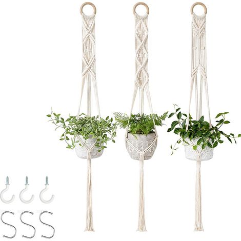 Suspension Plantes Macramé, 3Pièces Macramé Panier de Supports de Plantes avec 3 Crochets de Suspension, Tissés à Main Fleurs en Macramé Plant Hangers pour Jardin Décor Intérieur Extérieur