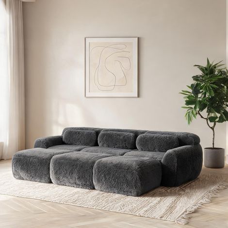 Ensemble canapé modulaire gris avec 3 poufs en peluche en plush (1/5)