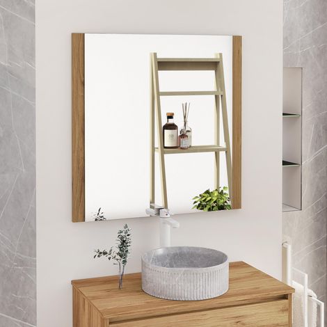Miroir de Salle de Bain, Miroir latéral en Bois, Option avec et sans LED. Styles Qui s'adaptent à la Salle de Bain ou à n'importe Quelle pièce de la Maison. 80 x 80 cm latéral en Bois Teck (1/5)