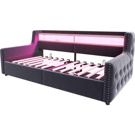 Sofá cama capitoné 90 x 200 cm con almacenaje hidráulico, LED, toma y puertos USB-C, gris oscuro (1/5)