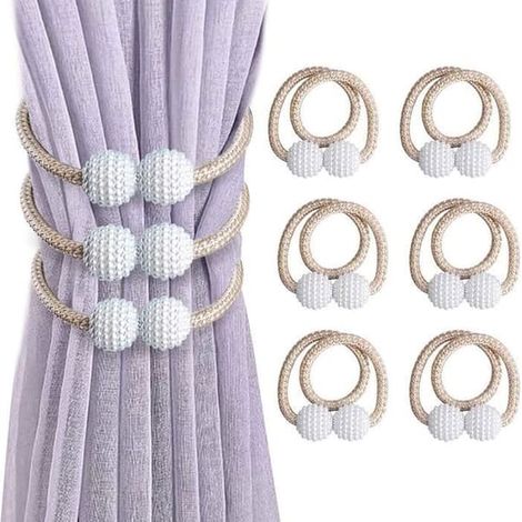 Un ensemble de 6 embrasses de rideaux (beige), embrasses de rideaux magnétiques, embrasses de rideaux avec fausses perles et pinces à rideaux. (1/4)