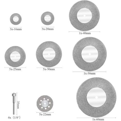 QORVA-32 mini disques diamantés avec 4 mandrins, disques de coupe pour verre, pierres précieuses, bois, métal et céramique - 16/20/22/25/30/40/50/60 mm