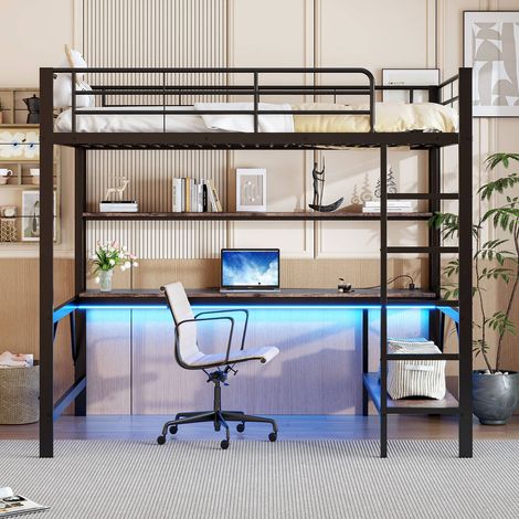 Lit mezzanine 140x200 cm avec rambarde, échelle, usb, prise et éclairage led, bureau et étagère – lit métal noir sans matelas (1/5)