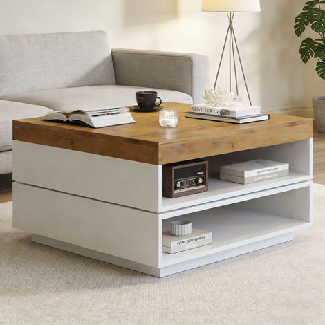 Table basse 65x65x40cm 360° pivotante blanc bois,éclairage LED et rangement,adaptée salon et petit espace.