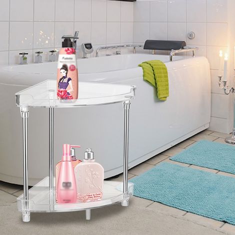 Étagère d'angle à 2 niveaux pour meuble-lavabo, autoportante, 2 étagères transparentes