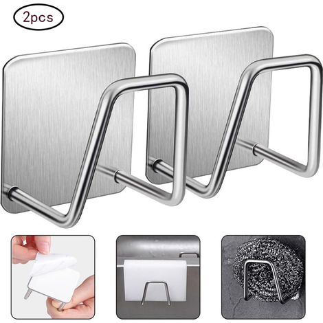 Porte-éponge autocollant en 2 pièces, support pour évier de cuisine, crochet pour vêtements, avec 2 crochets adhésifs transparents, sans perçage, acier inoxydable, étanche, crochets multifonctionnels